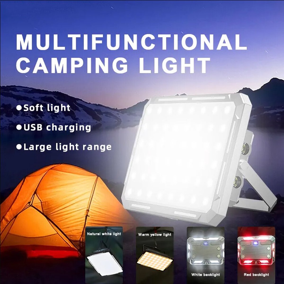 Rechargeable LED Camping Work Light with Magnet Hook Dimmable Modes and USB Power Bank Function