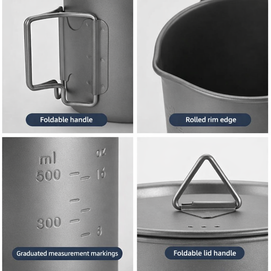 Titanium Camping Cookware Set with 420ml Folding Mug and 750ml Pot Portable Outdoor Kit