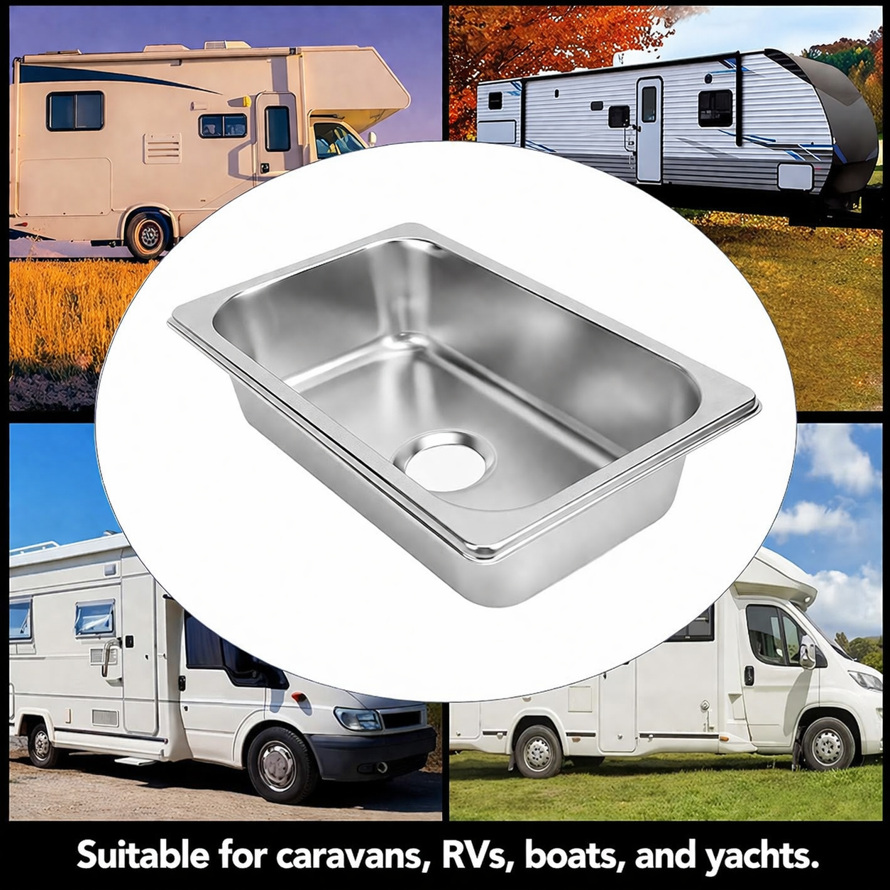 Portable Stainless Steel RV Sink with Drain Outlet for Caravan Boat Kitchen Bathroom