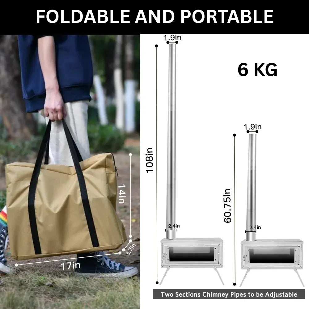 Portable Camping Wood Stove with Chimney System and Glass Window, Foldable Stainless Steel Outdoor Stove