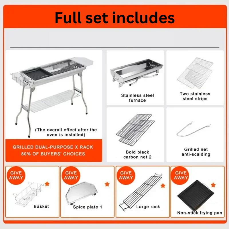 Stainless Steel Portable Charcoal Grill with Folding Handle for Outdoor BBQ