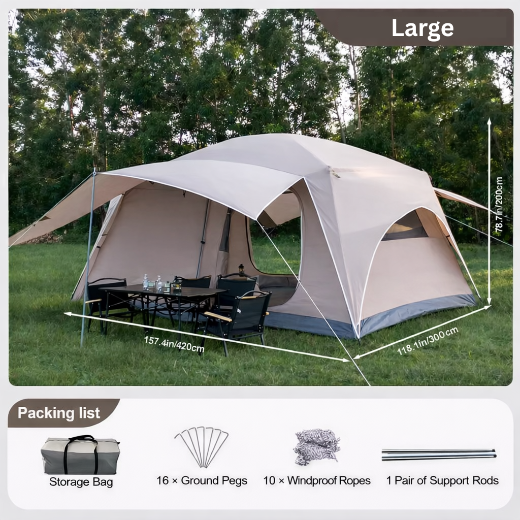 Oversized Double Layer Camping Tent for 3–12 People Waterproof 2 Room Outdoor Shelter