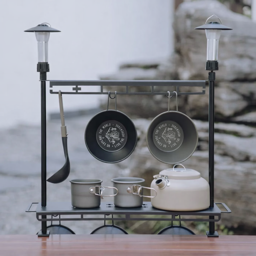 Camping Table Rack with Lantern Stand and Storage Shelf – Detachable Outdoor Hanging System