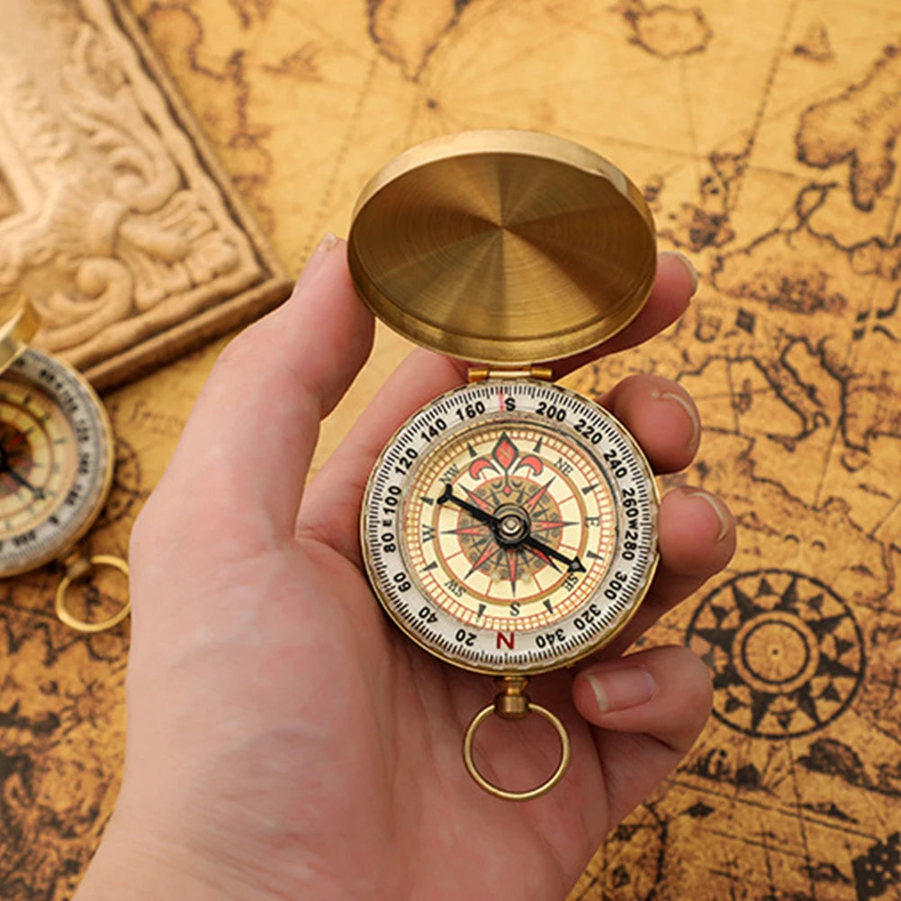 Outdoor Copper Multifunctional Hiking Compass – Mini Luminous Flip Navigation Tool for Camping & Mountaineering