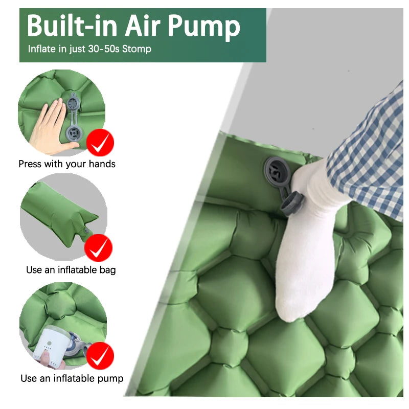 Portable Inflatable Hiking Mattress with Integrated Pump and Pillow Support Green