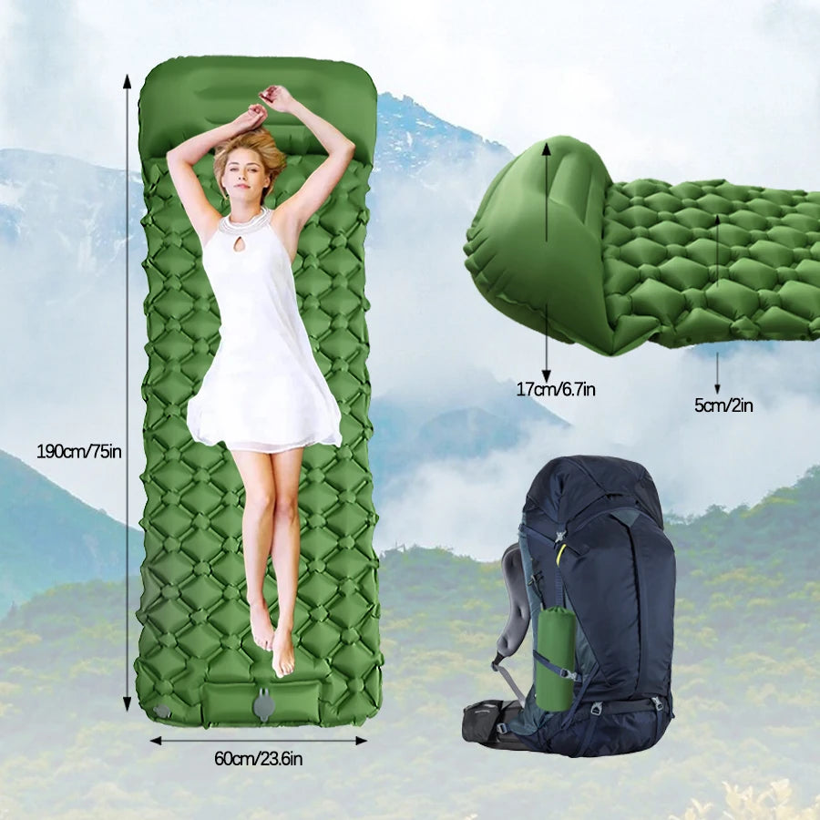 Portable Inflatable Hiking Mattress with Integrated Pump and Pillow Support Green