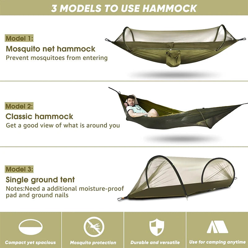 Camping Hammock with Mosquito Net – Automatic Quick Open Outdoor Hanging Sleeping Bed