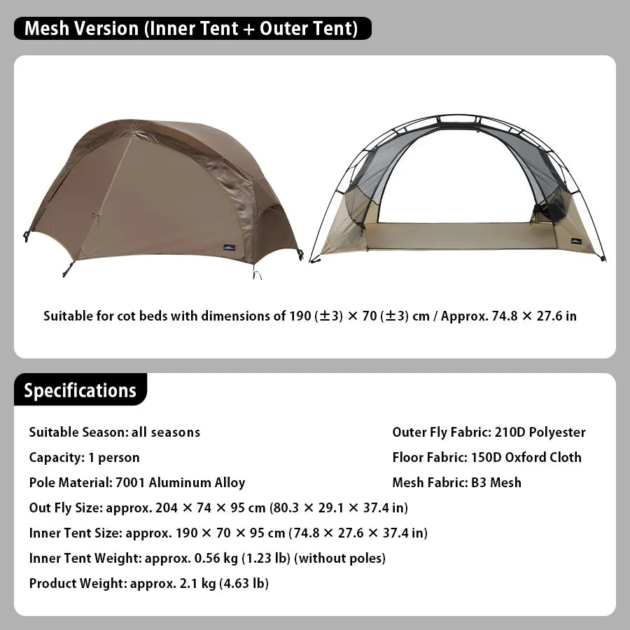 Outdoor Camping Cot 190 x 70cm Tent Shelter with Mosquito Net, Breathable Mesh and Waterproof Rainfly