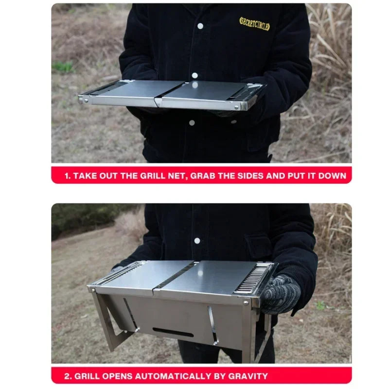 Foldable Stainless Steel Charcoal BBQ Grill with Carry Handle, Portable Outdoor Barbecue Stove