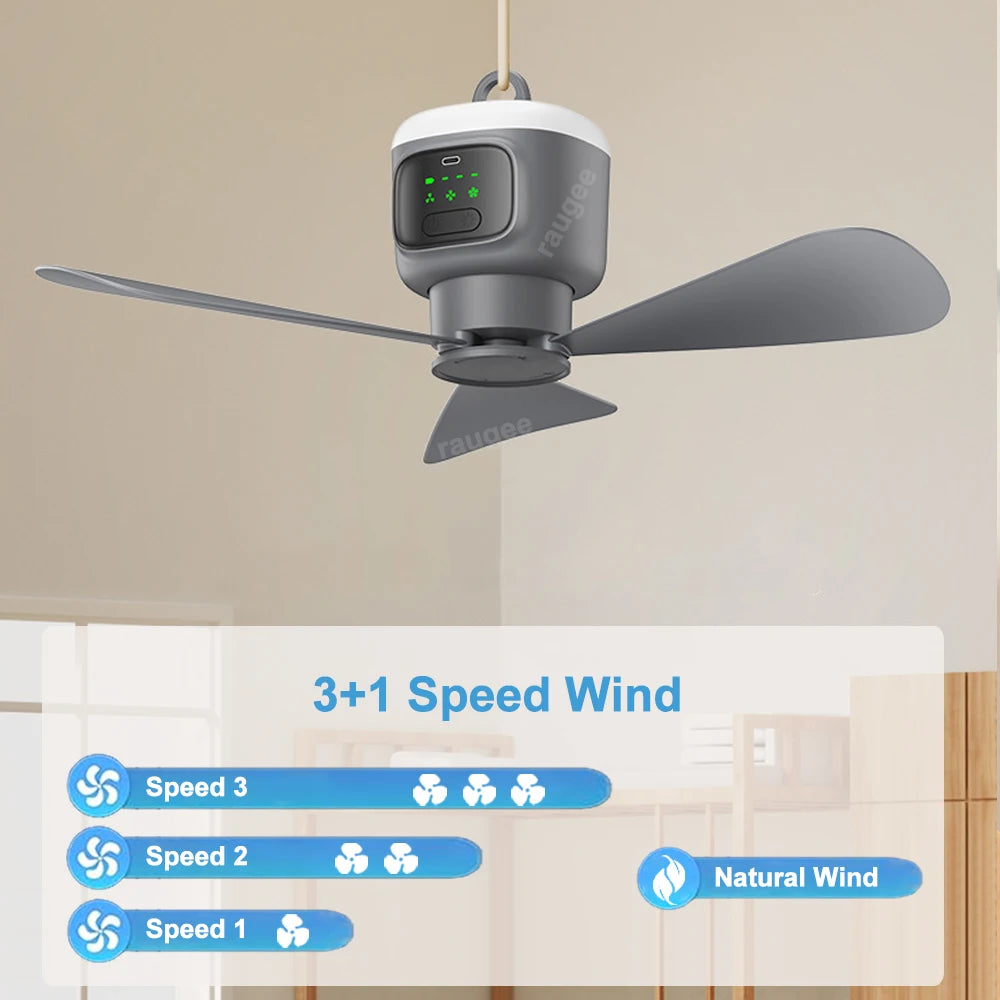 12000mAh Rechargeable Portable Ceiling Fan with LED Light & Remote for Camping