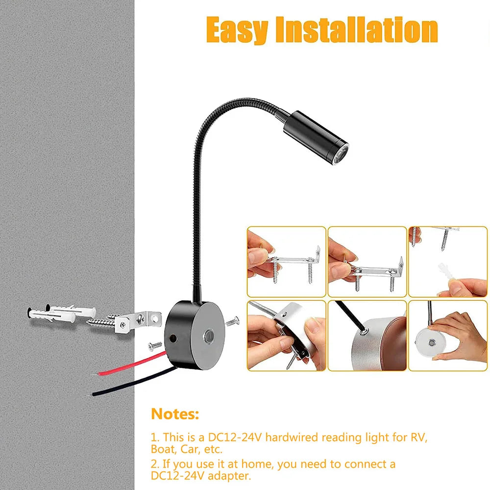 12–24V LED Reading Spotlight with Flexible Gooseneck 3 Color Dimmable RV Wall Light