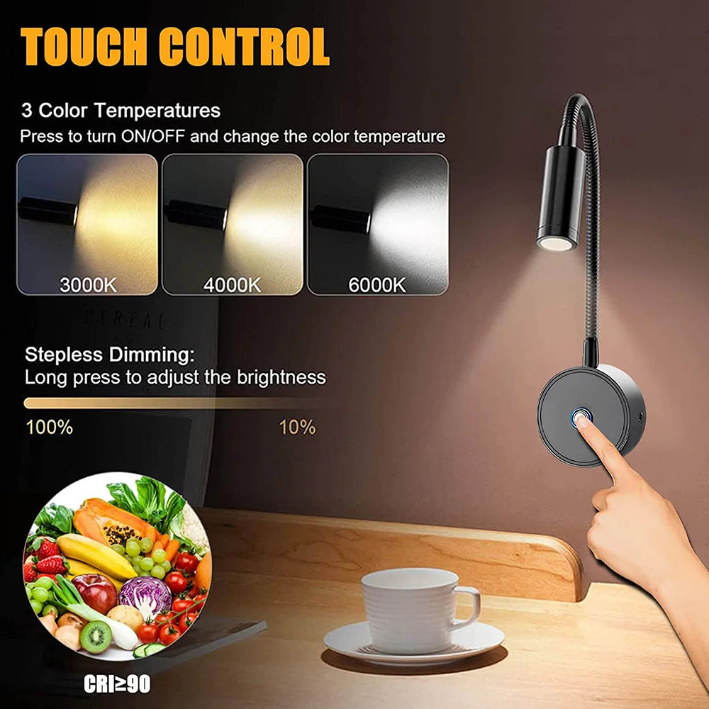 12–24V LED Reading Spotlight with Flexible Gooseneck 3 Color Dimmable RV Wall Light