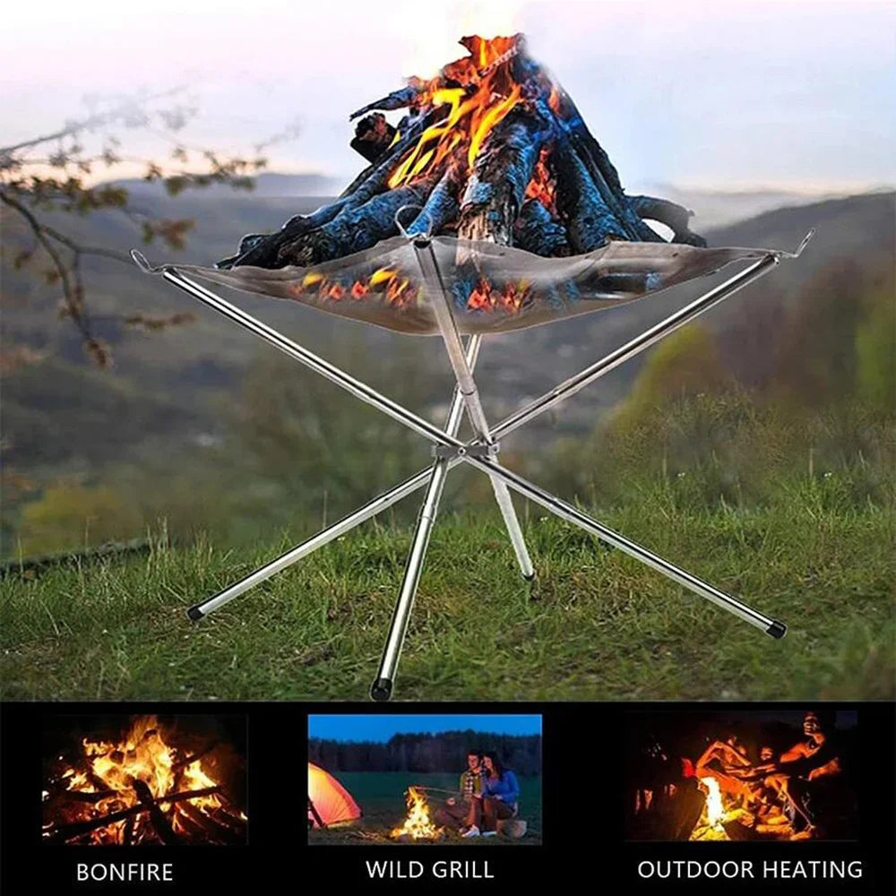 Portable Camping Fire Pit Grill with Stainless Steel Mesh – Foldable Outdoor Bonfire Rack
