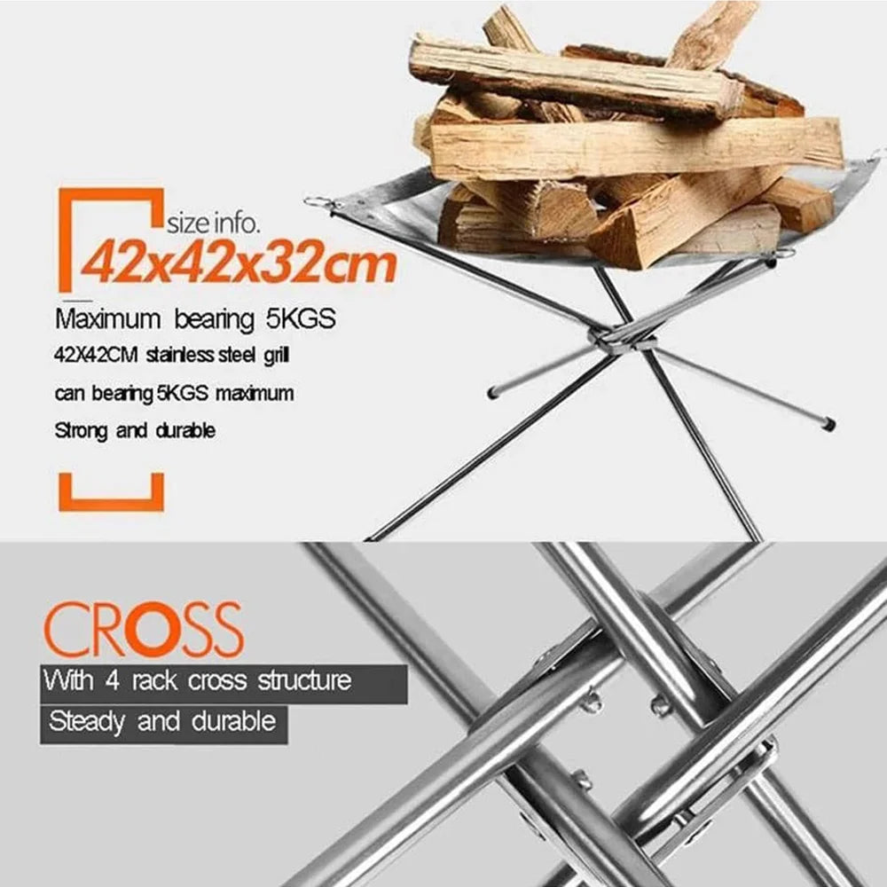 Portable Camping Fire Pit Grill with Stainless Steel Mesh – Foldable Outdoor Bonfire Rack