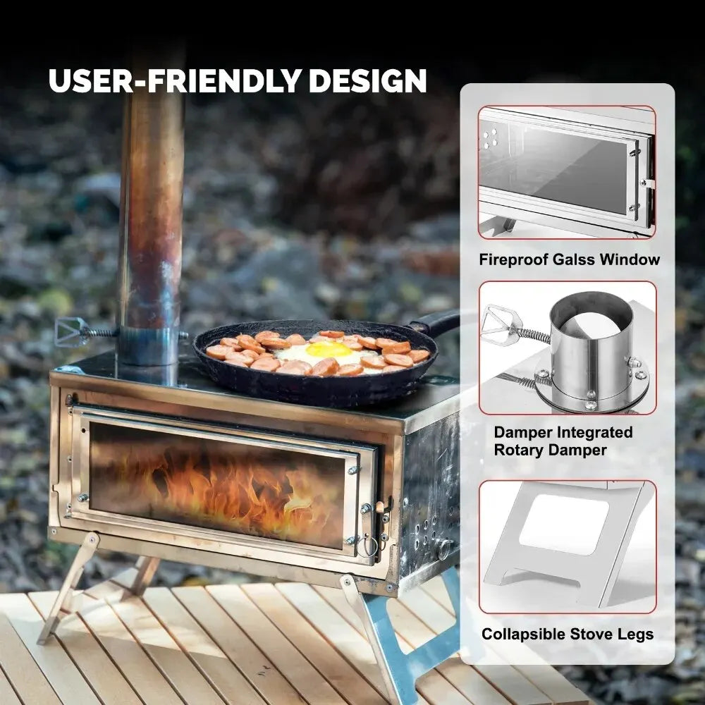 Portable Camping Wood Stove with Chimney System and Glass Window, Foldable Stainless Steel Outdoor Stove