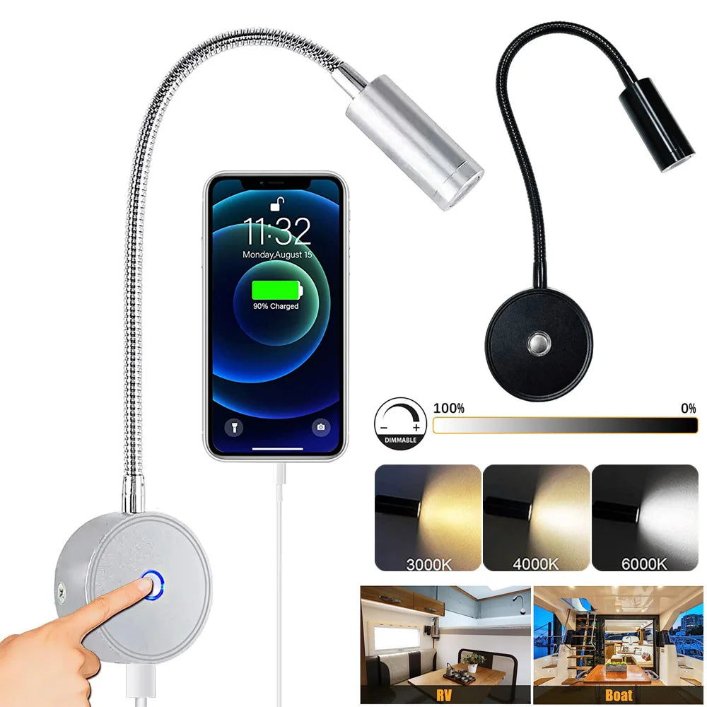12–24V LED Reading Spotlight with Flexible Gooseneck 3 Color Dimmable RV Wall Light