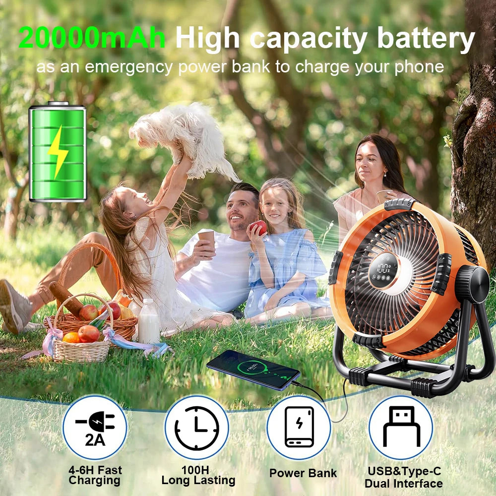 20000mAh Rechargeable Camping Fan with LED Light & Hook – Portable Tent Ceiling Fan
