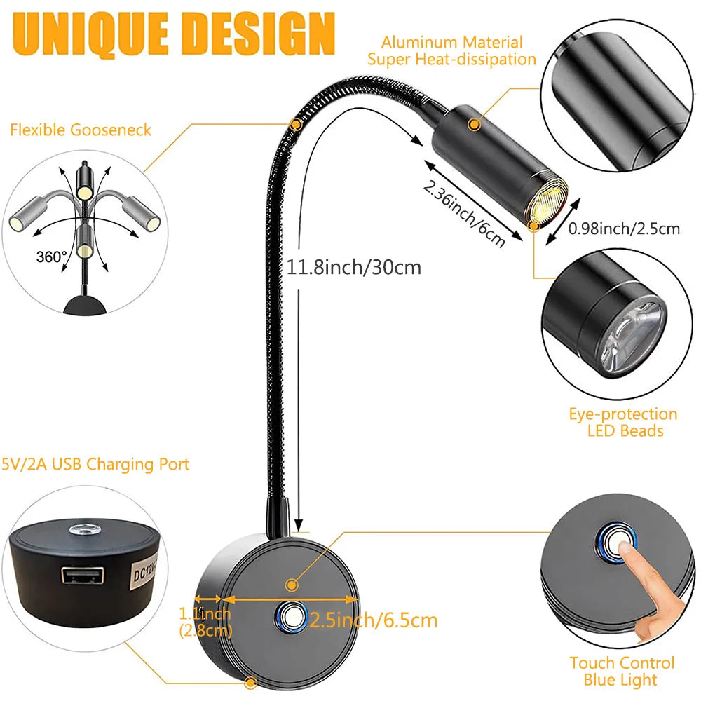 12–24V LED Reading Spotlight with Flexible Gooseneck 3 Color Dimmable RV Wall Light