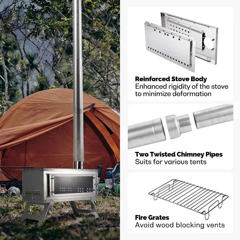 Portable Camping Wood Stove with Chimney System and Glass Window, Foldable Stainless Steel Outdoor Stove