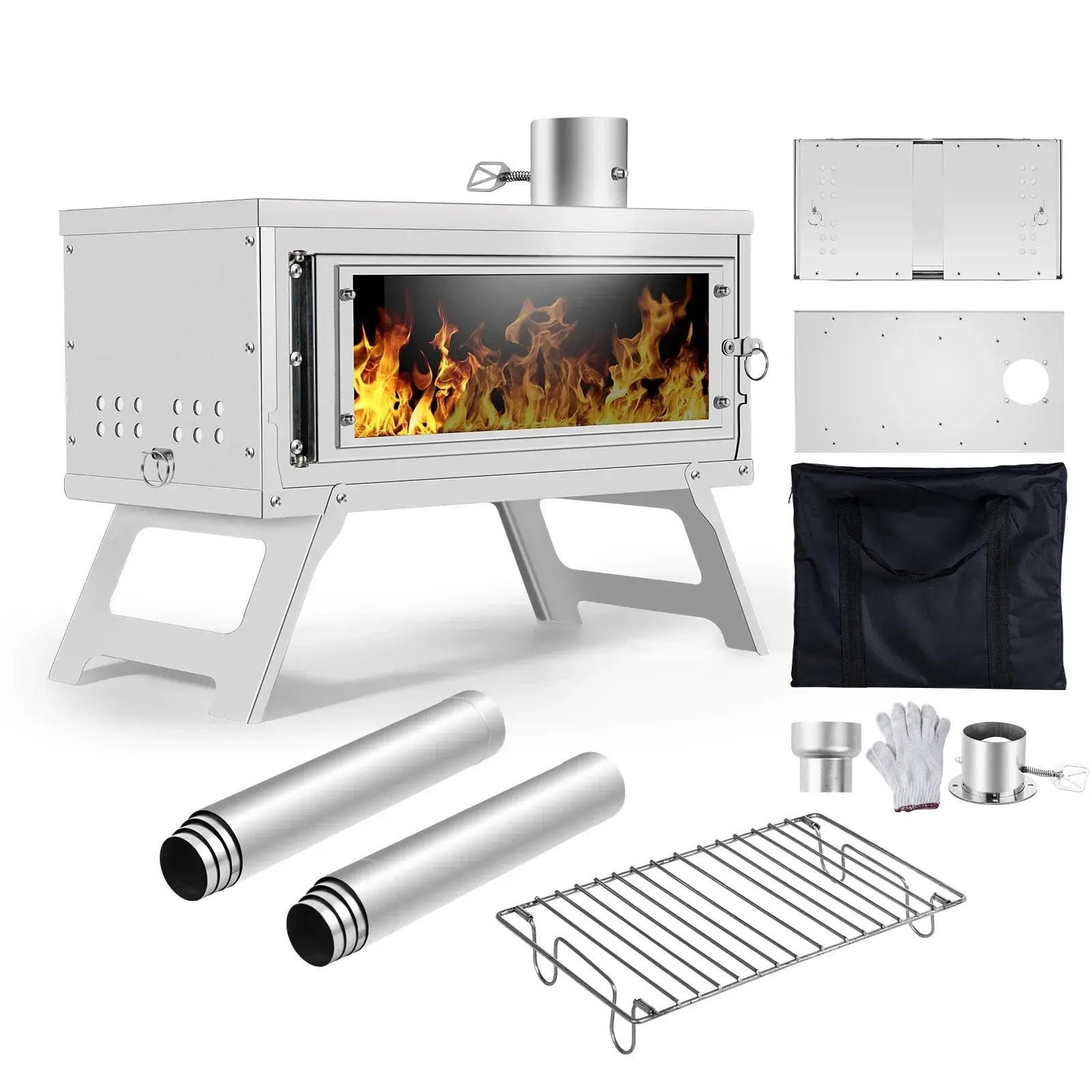 Portable Camping Wood Stove with Chimney System and Glass Window, Foldable Stainless Steel Outdoor Stove