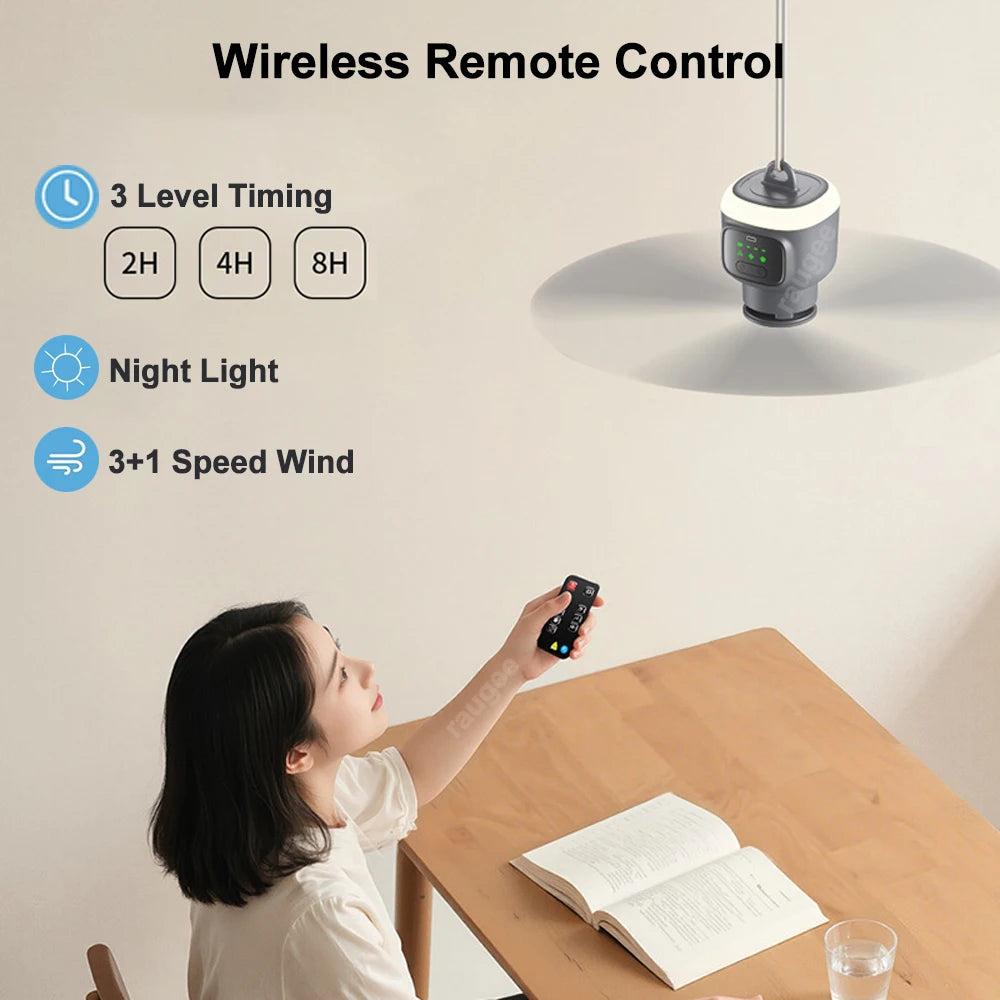 12000mAh Rechargeable Portable Ceiling Fan with LED Light & Remote for Camping