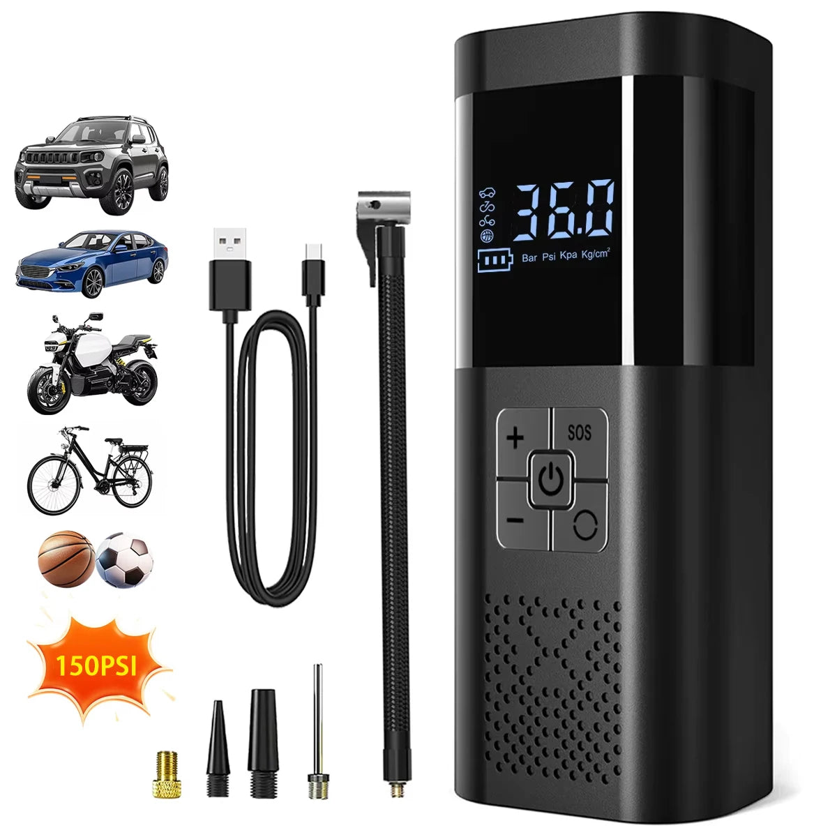 Portable Wireless Tire Inflator with Digital Display, 150 PSI, Rechargeable Battery, LED Light
