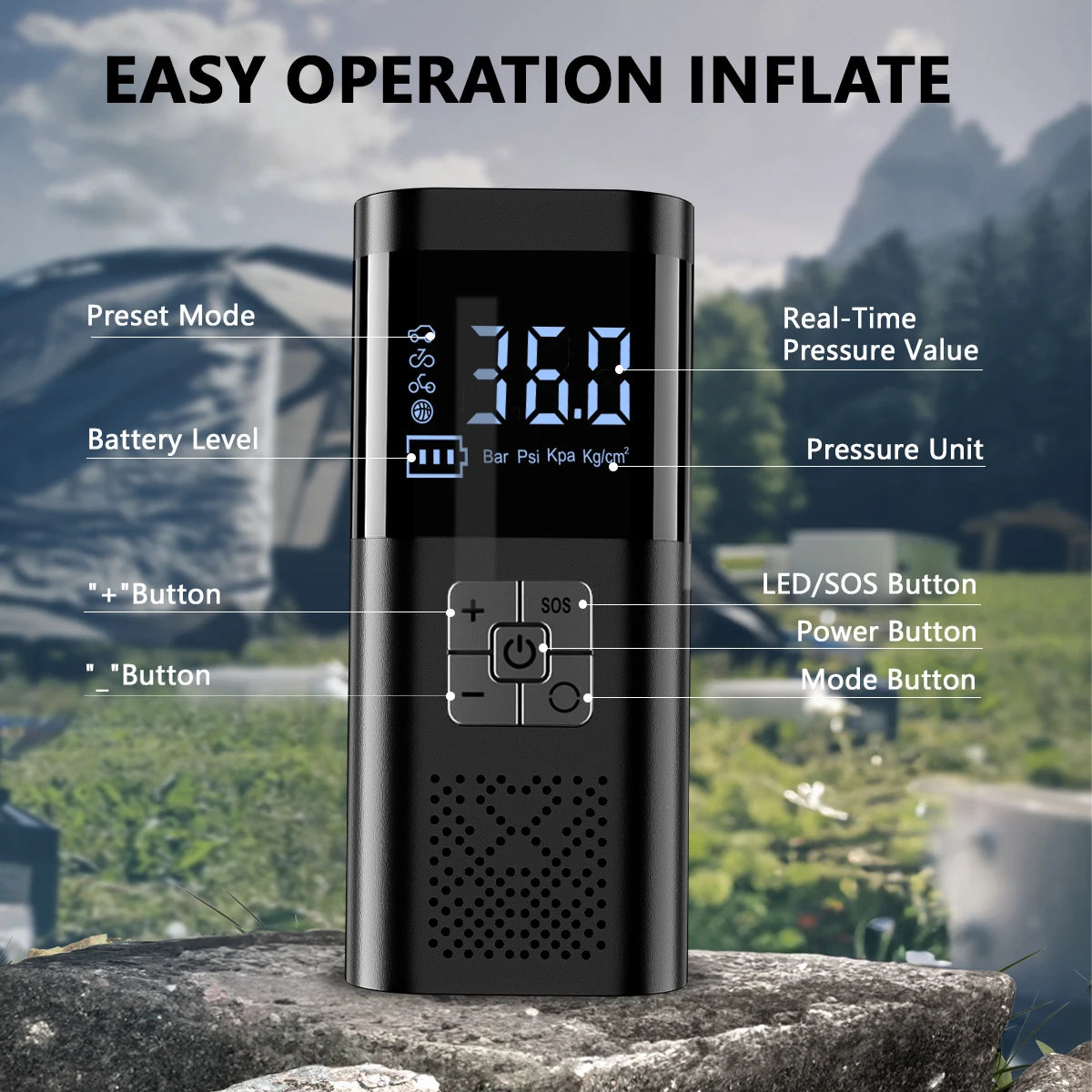 Portable Wireless Tire Inflator with Digital Display, 150 PSI, Rechargeable Battery, LED Light