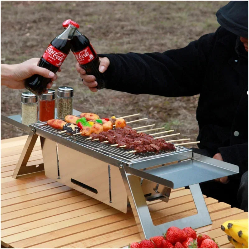 Foldable Stainless Steel Charcoal BBQ Grill with Carry Handle, Portable Outdoor Barbecue Stove