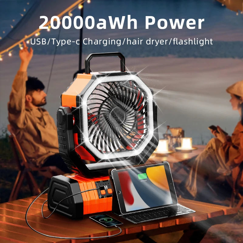 Portable Rechargeable Camping Fan 20000mAh with LED Light Remote Control and Hanging Hook
