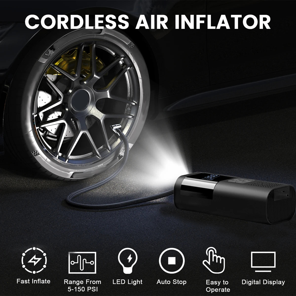 Portable Wireless Tire Inflator with Digital Display, 150 PSI, Rechargeable Battery, LED Light