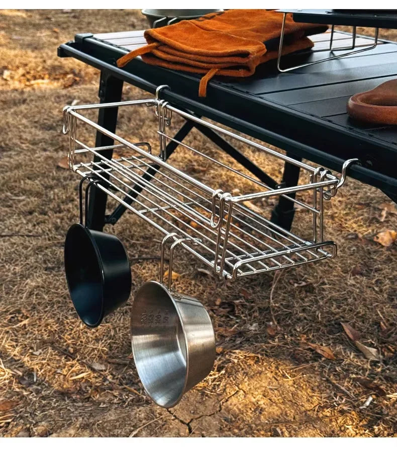 Outdoor Folding Table Side Storage Rack Aluminium Hanging Mesh Extension Basket