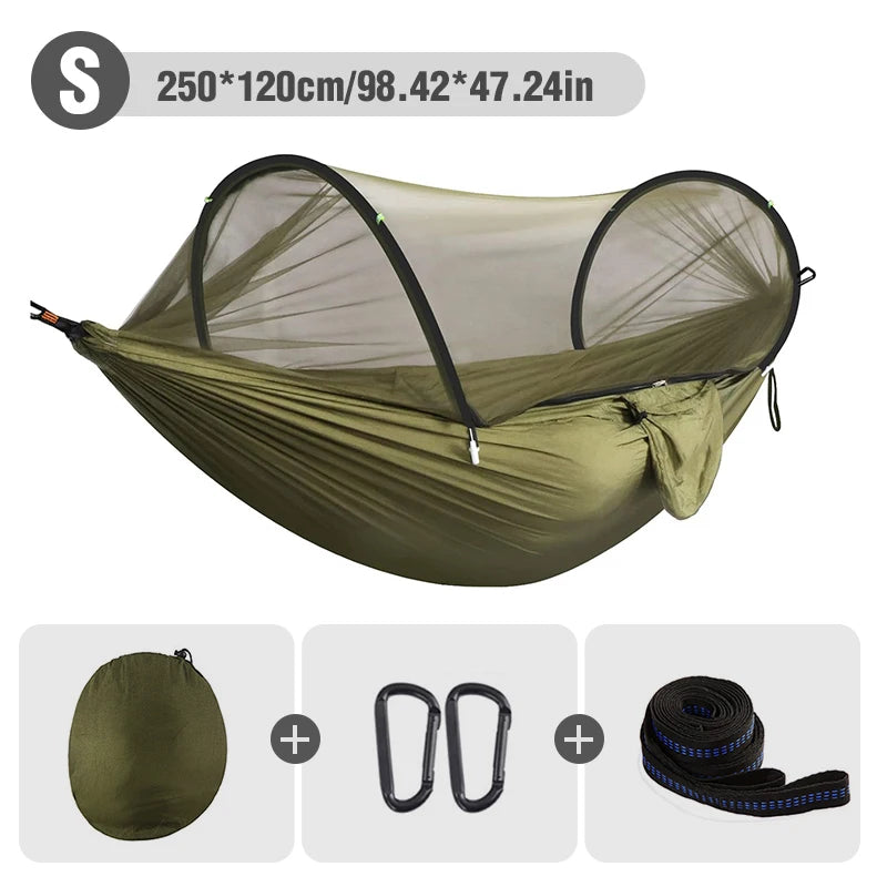 Camping Hammock with Mosquito Net – Automatic Quick Open Outdoor Hanging Sleeping Bed