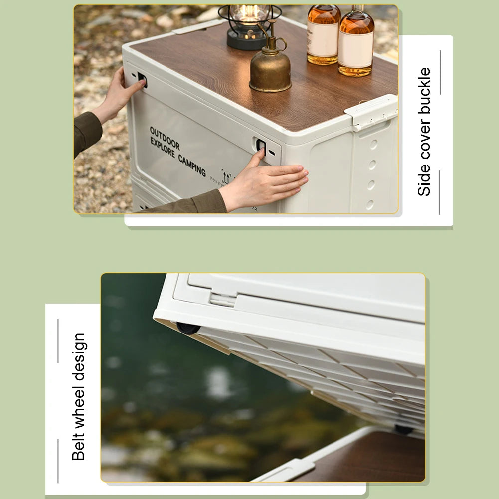 30L Collapsible Storage Bin with Wooden Lid & Side Opening – Portable Folding Container