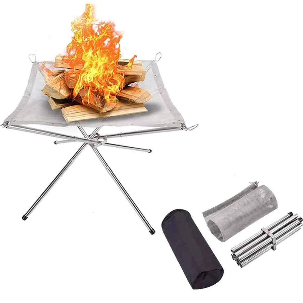 Portable Camping Fire Pit Grill with Stainless Steel Mesh – Foldable Outdoor Bonfire Rack