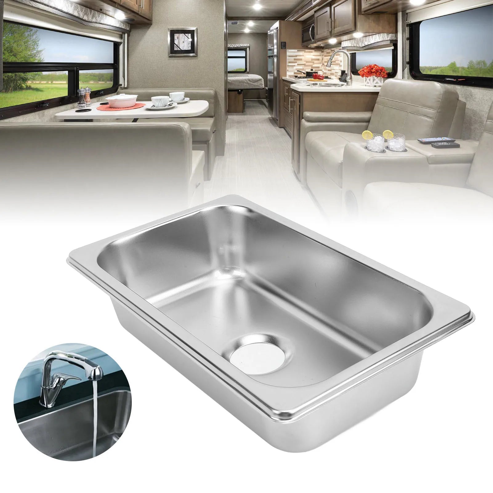 Portable Stainless Steel RV Sink with Drain Outlet for Caravan Boat Kitchen Bathroom