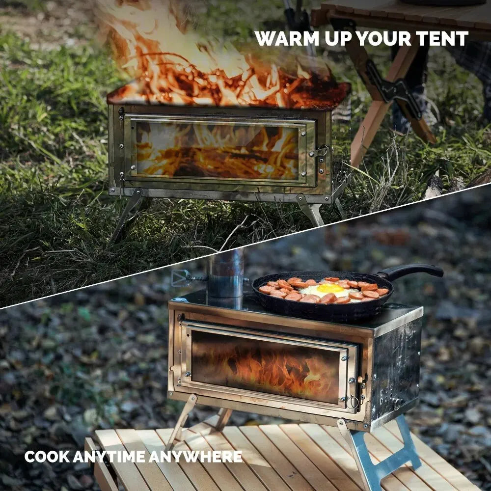 Portable Camping Wood Stove with Chimney System and Glass Window, Foldable Stainless Steel Outdoor Stove