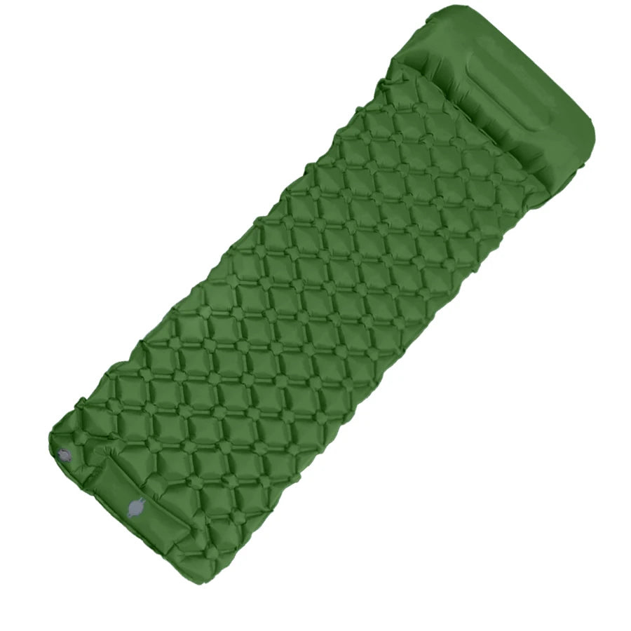 Portable Inflatable Hiking Mattress with Integrated Pump and Pillow Support Green
