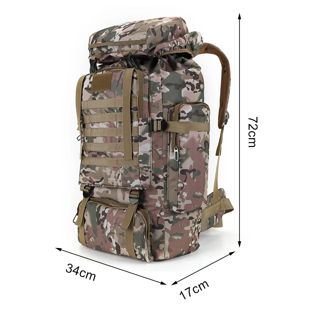 80L Large Capacity Tactical Backpack Outdoor Hiking Camping Rucksack Durable Water Resistant Bag