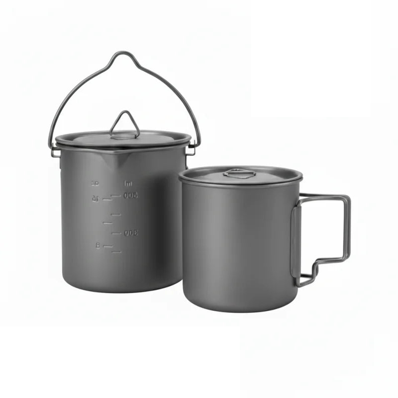Titanium Camping Cookware Set with 420ml Folding Mug and 750ml Pot Portable Outdoor Kit