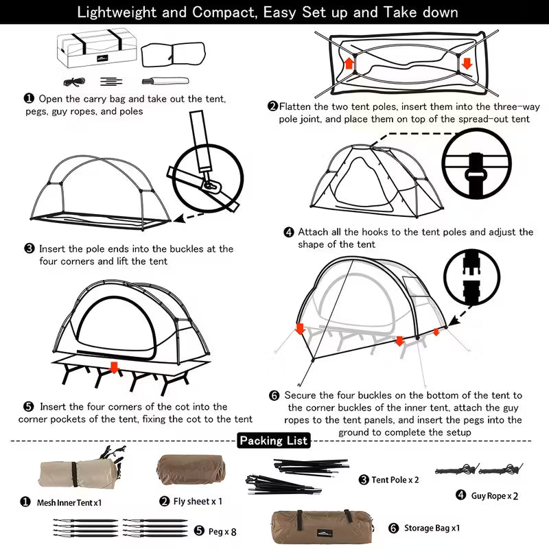 Outdoor Camping Cot 190 x 70cm Tent Shelter with Mosquito Net, Breathable Mesh and Waterproof Rainfly