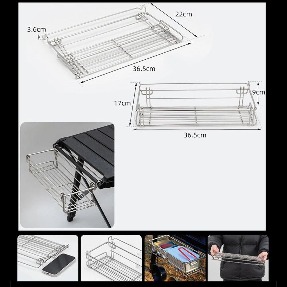Outdoor Folding Table Side Storage Rack Aluminium Hanging Mesh Extension Basket